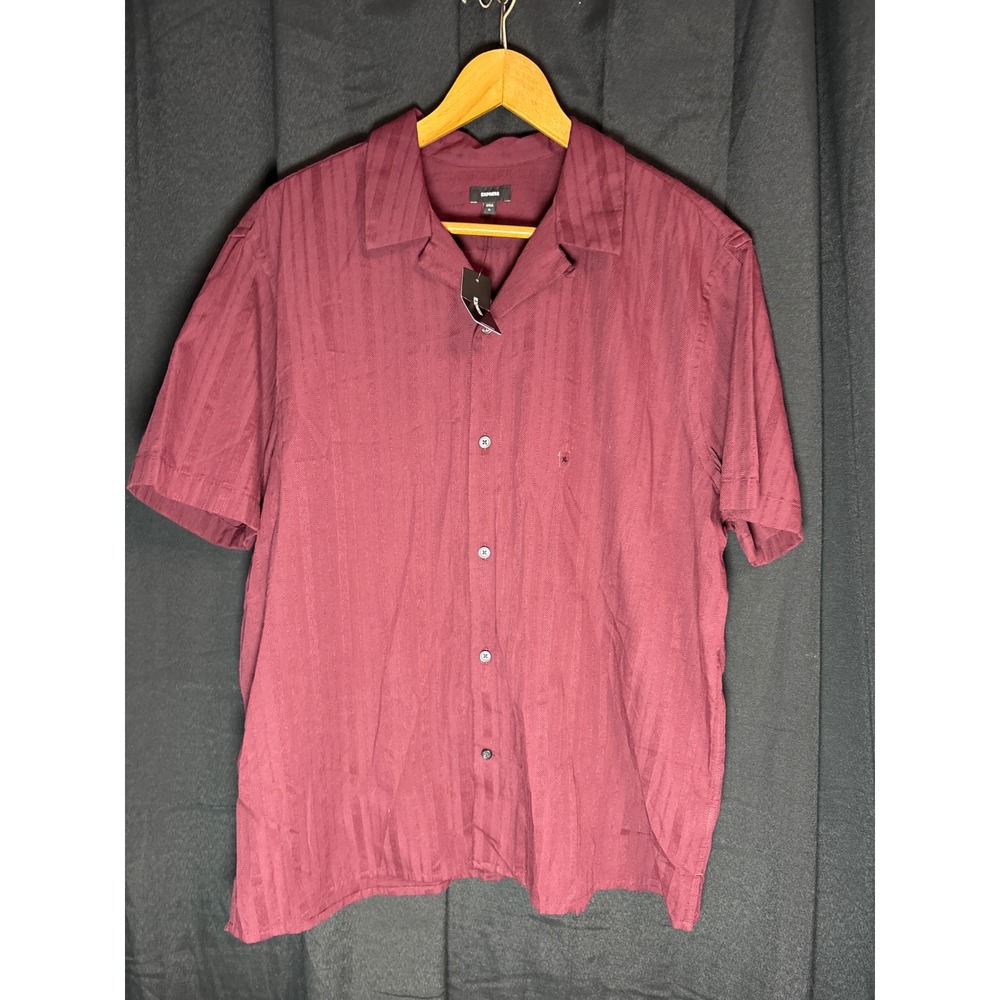 Express Mens XL Burgundy Textured Stripe Short Sleeve Camp Collar Button Up